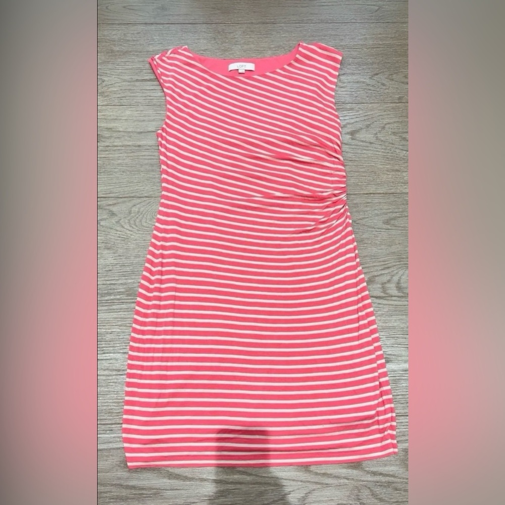LOFT Coral Pink with Tan Stripes Dress